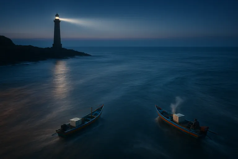 Lighthouse guiding Indonesian fishing boats carrying iced fish boxes through a calm channel while rough colored currents diverge on either side, symbolizing choosing a clear reference rate.
