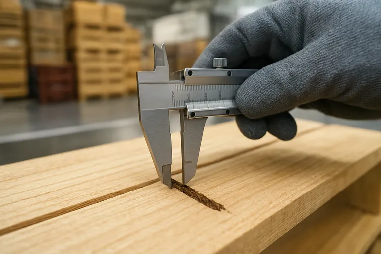 Macro close-up of a gloved hand using calipers to measure a small bark strip on a pallet board, showing clean, debarked wood with no insect holes or frass.