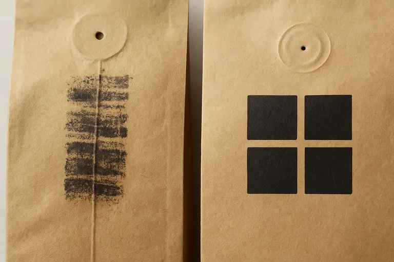 Macro side-by-side comparison of two coffee bags: left shows smeared, distorted markings printed across a vertical seam; right shows crisp, clean markings placed on a flat panel near the one-way valve.