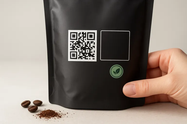 Macro view of the back of a coffee pouch showing a QR code next to an information panel area, with a small green seal icon nearby and a hand holding the pack; a few coffee beans and grounds on the surface.