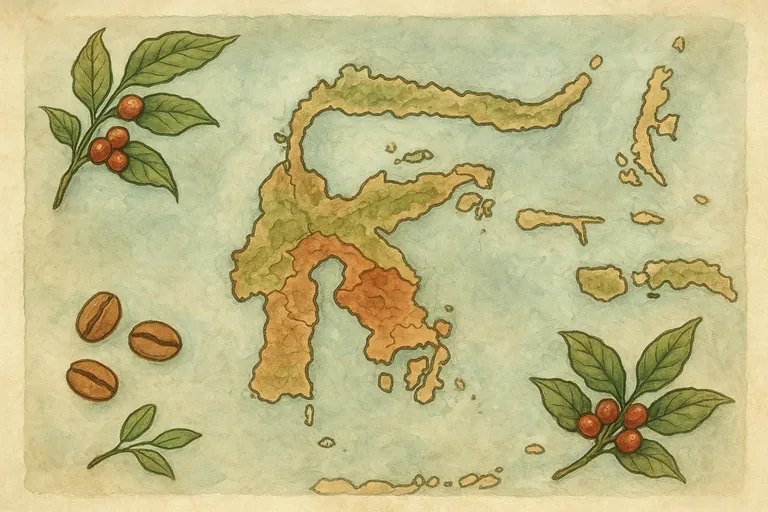 Map highlighting Sulawesi island in Indonesia with coffee growing regions marked