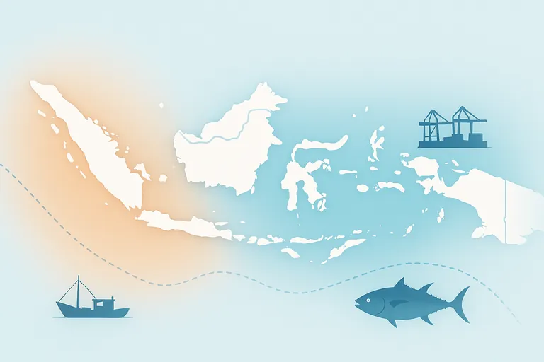 Map of Indonesia highlighting the eastern Indian Ocean and the western central Pacific as distinct color zones, with a blended overlap around the Timor, Sawu, and Arafura seas to show ambiguous mapping; small silhouettes of handline boats and a harbor crane provide fishery context.