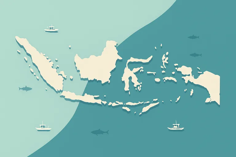 Peta Indonesia yang menyoroti dua area penangkapan FAO: Samudra Hindia (Area 57) dan Samudra Pasifik Tengah-Barat (Area 71), dipisahkan oleh batas yang jelas, dengan perahu-perahu artisanal kecil tergambar di kedua wilayah.