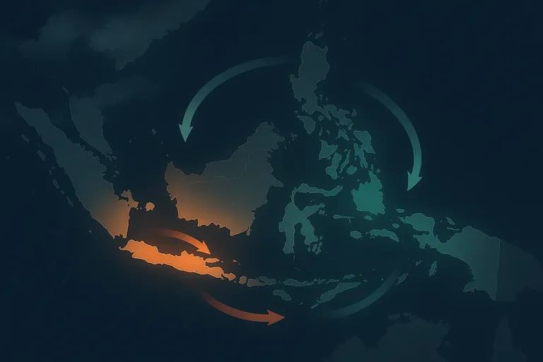 इंडोनेशिया का मानचित्र जिसमें जावा/मदुरा, दक्षिण सुलावेसी, बंगका बेलितुंग और पूर्व कलिमन्तन को रंगीन हाईलाइट और परिवर्तित सोर्सिंग को दर्शाने वाली तीरों के साथ दिखाया गया है, पश्चिमी द्वीपों पर घने बादलों के पट्टे और सुलावेसी पर साफ आकाश।