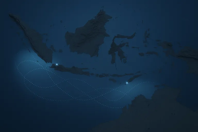 Map visualization of Indonesia highlighting two key tuna fishing areas: the eastern Indian Ocean to the west/south of Sumatra and Java, and the western Pacific around eastern Indonesia, with dotted vessel tracks and markers at major landing ports like Benoa, Cilacap, Bitung, Ambon, Sorong, and Kendari; no text shown.