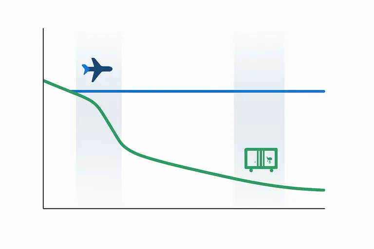 Minimalist chart showing the cost per kilogram of air (nearly flat line) versus reefer sea (steeply decreasing then flattening) with the two lines crossing at lower volumes, highlighting a small-volume zone where air can compete and a high-volume zone where sea dominates.