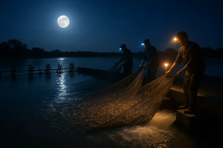 Moonlit spring-tide harvest at a shrimp pond: a bright full moon reflects on the water as workers in waders pull a seine toward a draining sluice, water rushing out and nets glistening under work lights.