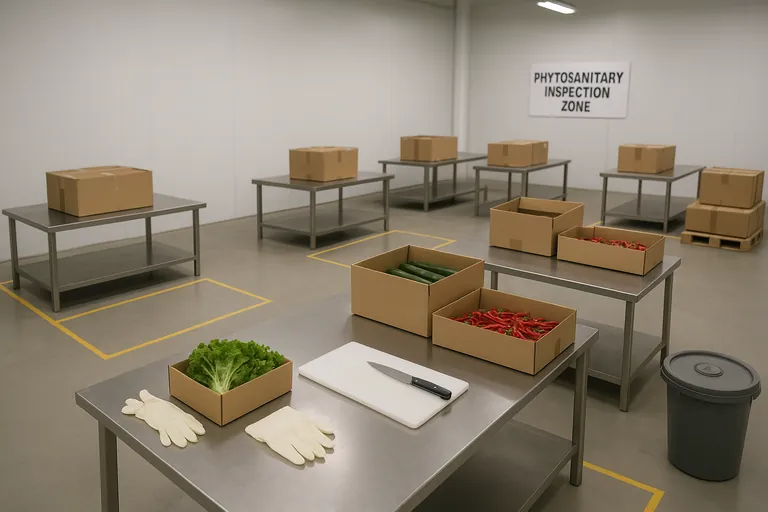 Neatly arranged inspection zone with separate tables for different lots, open sample cartons pulled to the aisle edge, and clean tools ready for sampling in a dry, well-lit warehouse.