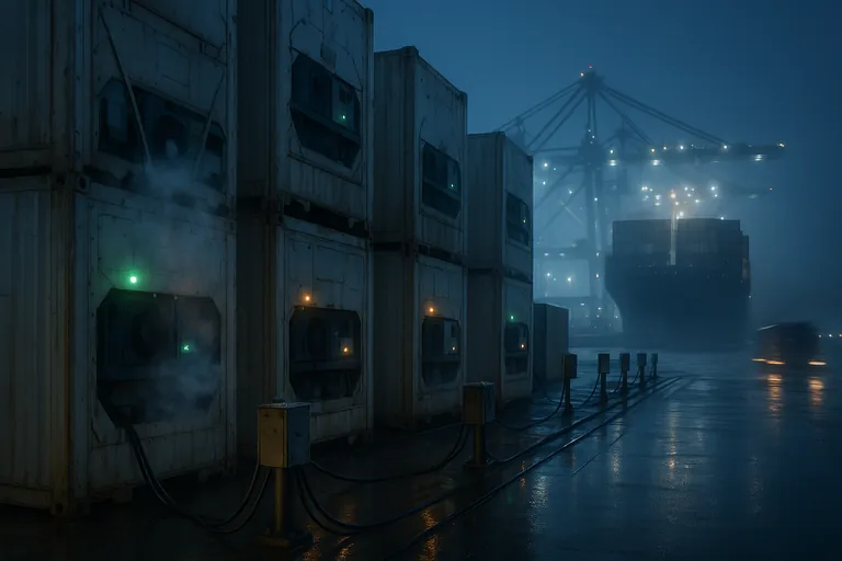 Night view of stacked refrigerated containers plugged into power pedestals at a transshipment terminal, status lights glowing while a large ship and cranes loom in the background—highlighting limited reefer plug availability.