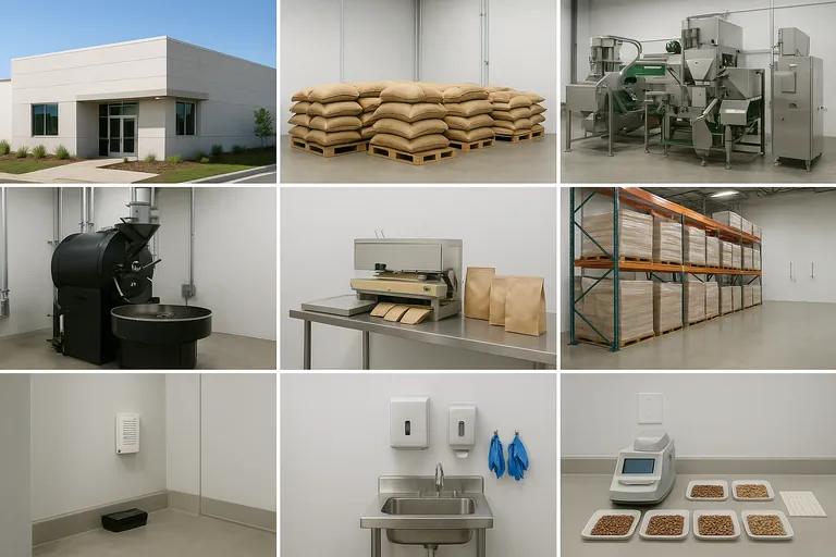 Nine-photo grid of a coffee facility evidence set: exterior, receiving, processing line, roasting, packaging, finished goods warehouse, pest control device, handwashing station, and QC lab.