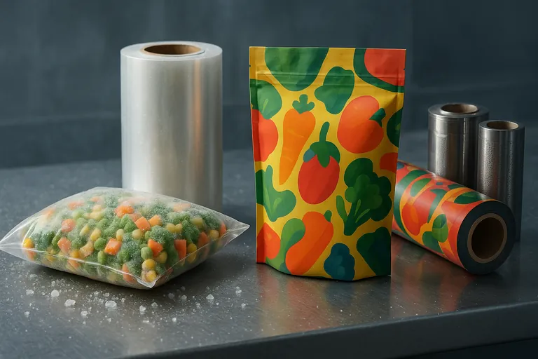 On an icy workbench, a plain transparent pillow pouch of frozen mixed vegetables sits beside a vividly printed pouch; nearby are clear and printed rolls of film and shiny gravure cylinders, visually contrasting stock film versus printed packaging.