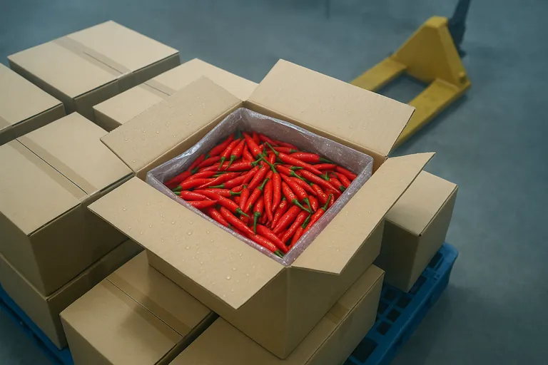 Open produce carton in a cold room showing bird’s eye chilies packed in a clear perforated liner, filled properly to the rim; nearby pallets and a pallet jack are visible in soft focus.