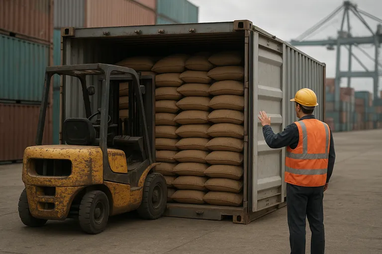 Open standard shipping container at a port, nearly filled floor-to-ceiling with neatly interlocked jute sacks of green coffee, as a forklift lines up the final pallet while a worker guides the placement.