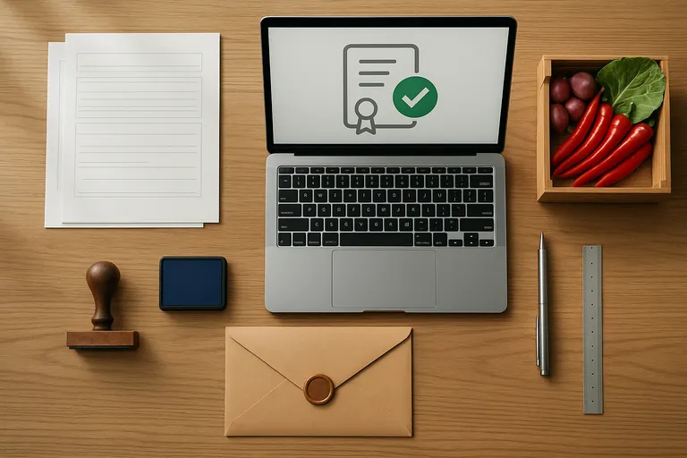 Organized flat lay of a pre-declaration checklist: a laptop showing a green verification check, neatly stacked blank forms, a rubber stamp with ink pad, envelope, pen and ruler, and a small crate of red chilies, shallots, and a cabbage leaf, lit by soft natural light.