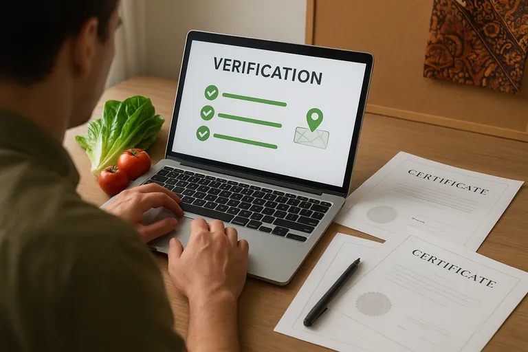 Over-the-shoulder view of a buyer checking a supplier on a laptop, with printed certificates and annex pages alongside fresh baby romaine, tomatoes, and cucumbers on the desk.