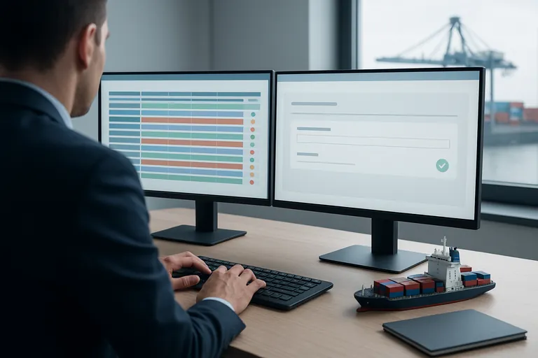 Over-the-shoulder view of a customs broker at a desk with dual monitors: one shows a table of line items, the other a form field with a confirmation icon, reinforcing precise line-level compliance entry for seafood shipments.