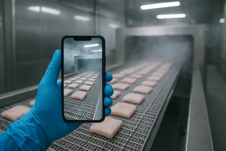 Over-the-shoulder view of a gloved worker holding a smartphone filming an IQF tunnel freezer as fish portions move along the belt through icy vapor.
