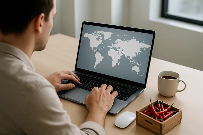 Over-the-shoulder view of a person at a desk using a laptop that displays an unlabeled world map with a route from Southeast Asia toward Europe, with a small crate of bright red bird’s eye chilies beside the keyboard.