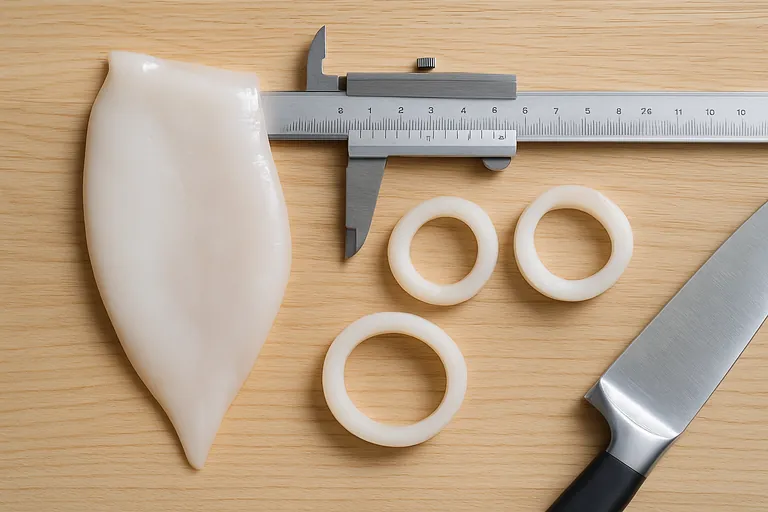 Overhead close-up of a cleaned squid tube laid flat on a wooden board while stainless calipers measure its lay-flat width at the midsection, with three raw rings of even thickness—small, medium, large—arranged beside a chef’s knife.