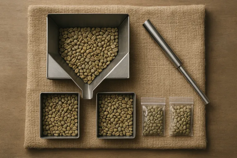 Tampilan dari atas close-up riffle splitter yang membagi biji kopi hijau di meja gudang, dengan sampling trier yang resting di atas karung goni polos dan tiga kantong sampel transparan tersegel dengan segel anti‑rusak berwarna.