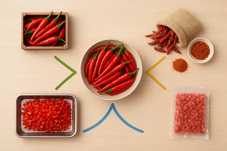 Overhead decision-tree scene: a central bowl of chilies with arrows leading to three forms—fresh whole pods in a crate, dried pods and flakes spilling from a burlap sack, and frozen chopped pieces on a frosty tray—illustrating the three-step choice of fresh, dried, or frozen.