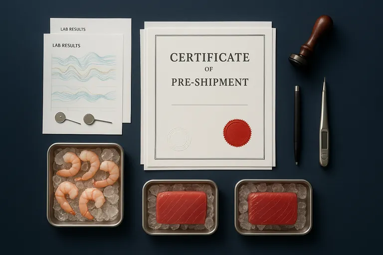 Overhead flat-lay of a pre-shipment kit: a stamped certificate with an embossed seal, annex pages, lab sheets with chromatography-style wave lines, metal container seal tags, a rubber stamp, pen, thermometer, and neatly arranged shrimp and tuna samples on ice.