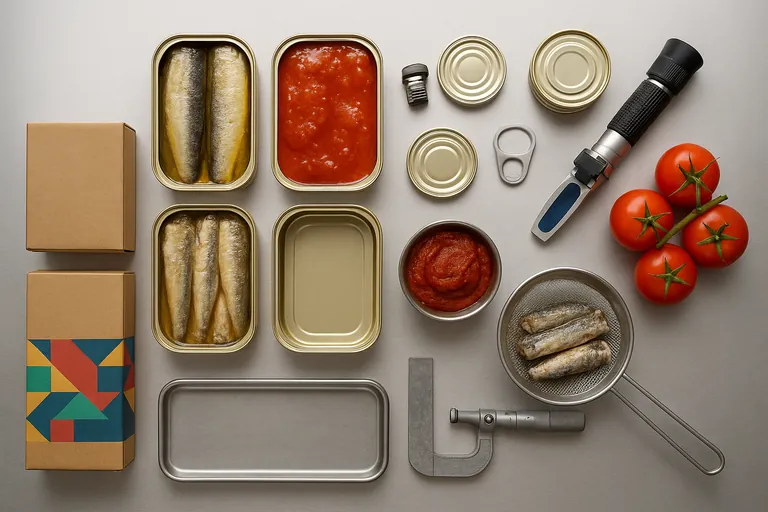 Overhead flat-lay of sardine spec variables: open cans showing different fish sizes in tomato sauce and in oil, pull-tab and plain lids, a refractometer near fresh tomatoes, a metal sieve draining sardines, a micrometer on a strip of tinplate, and two outer cartons—one plain brown and one with a colorful pattern—arranged on a stainless surface.