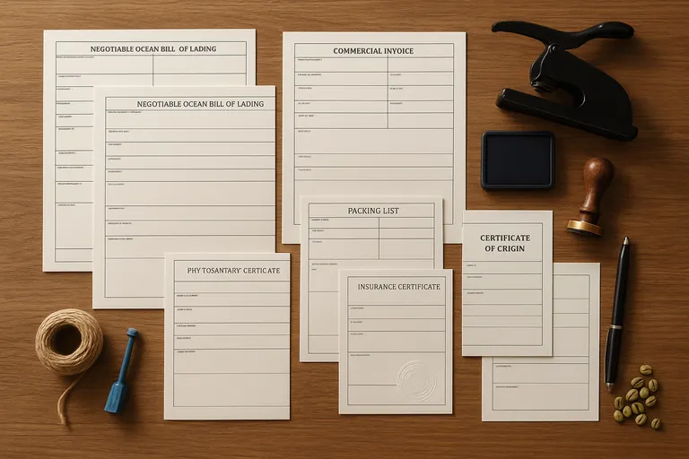 Overhead flat lay of the full document set for a D/P at sight shipment—multiple original bills of lading, invoice, packing list, certificates—arranged with stamps, seal press, and green coffee beans on a wooden table.