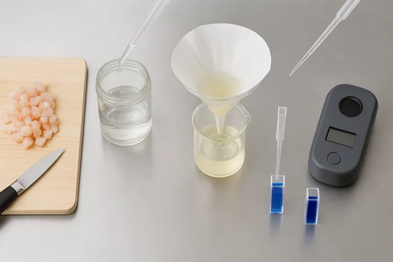 Overhead layout of the on-site shrimp phosphate test: minced shrimp, acidified water extraction in jars, filtration through a coffee filter, and a cuvette turning deep blue beside a portable colorimeter.