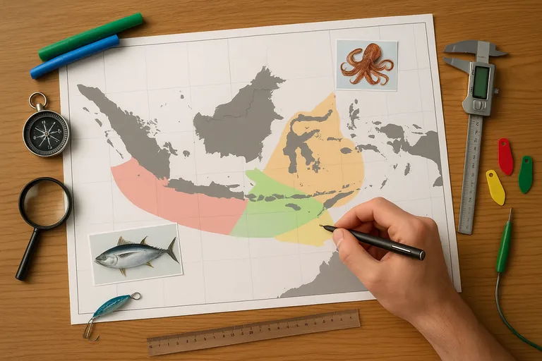 Overhead scene of a verification workstation: a map of Indonesia with colored ocean zones, measuring tools, fishing gear samples, and a hand pointing to a coastal region to check scope and area alignment.