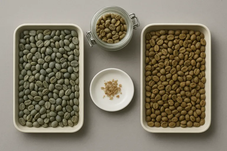 Overhead, side-by-side comparison of unroasted green coffee: fresh wet‑hulled beans in a tray with blue‑green hue and slight sheen versus aged beans in a matching tray with olive‑brown, matte color; a sealed clear glass jar of beans sits between the trays.