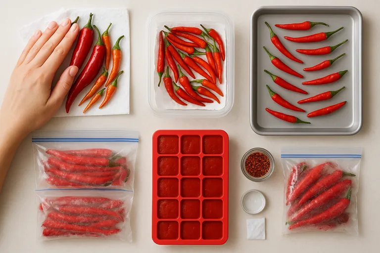 Overhead step-by-step collage of proper chili storage: drying chilies with a paper towel, a vented produce box lined with dry towel, a tray of destemmed chilies spaced for flash-freezing, resealable freezer bags with most air pressed out, a silicone tray of red chili paste cubes, a glass jar of dried chili flakes with a small desiccant pouch—and, in one corner, the wrong method: wet chilies trapped in a sealed bag with condensation.