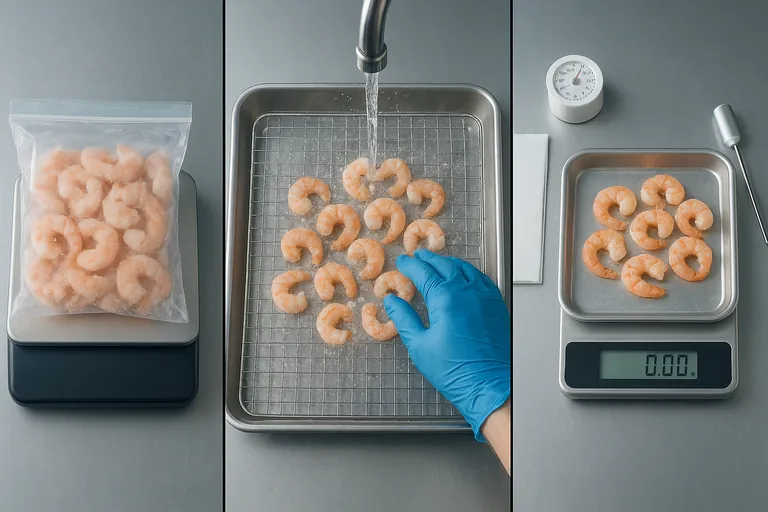 공장 내 글레이즈 제거 시험을 보여주는 오버헤드 삼연작: 벤치 스케일 위의 글레이즈 처리된 냉동 새우 봉지, 와이어 랙 위에서 찬물로 헹구는 새우, 깨끗한 쟁반 위에서 글레이즈 제거 후 새우를 계량하는 장면; 타이머, 온도계, 키친타월 등의 도구가 근처에 놓여 있음.