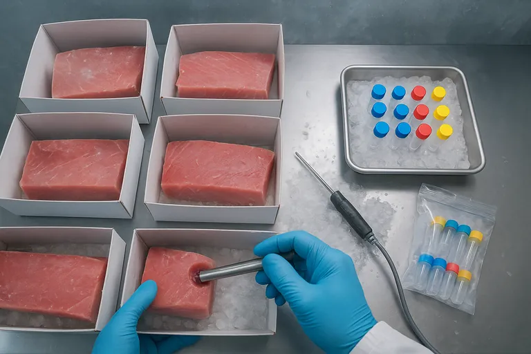 Overhead view in a cold room where a technician cores tuna pieces from multiple opened cartons and places composite samples into color-coded vials on a chilled tray, with a duplicate bag of vials set aside.