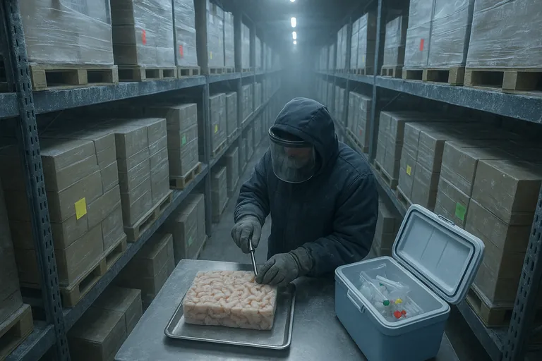 Overhead view in a cold-storage warehouse showing pallets of plain cartons, with selected cartons across multiple pallets and layers marked by bright colored tags; a worker in insulated gear takes a shrimp sample with a stainless corer into sealed containers.