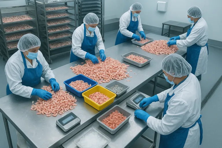 Overhead view inside a chilled seafood processing room where workers in PPE weigh and sort shrimp into color-coded bins for finished product, rework, trimmings, and waste, illustrating a clear mass-balance workflow.