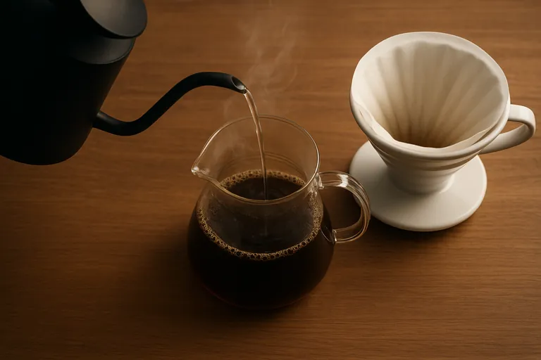 Overhead view of a bypass step: a gooseneck kettle pours a small stream of hot water directly into a glass coffee server after drawdown, while a white ceramic dripper with a thick paper filter rests beside it on a wooden surface. Steam rises in warm light, emphasizing a gentle, controlled technique.