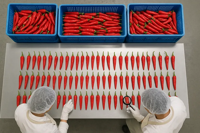 Overhead view of a clean packing line where workers wearing gloves sort uniform, spotless red cayenne chilies into separate blue crates by size.