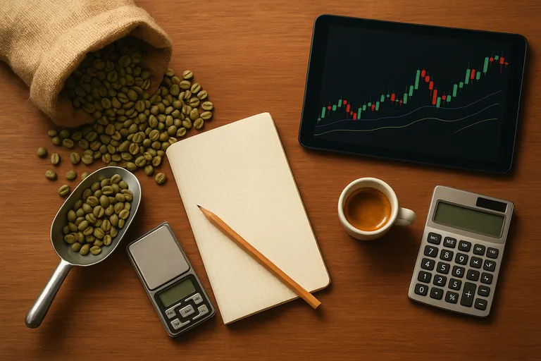 Overhead view of a coffee pricing workspace with green coffee beans, metal scoop, calculator, small scale, tablet showing a price chart, pencil, and espresso on a wooden table.