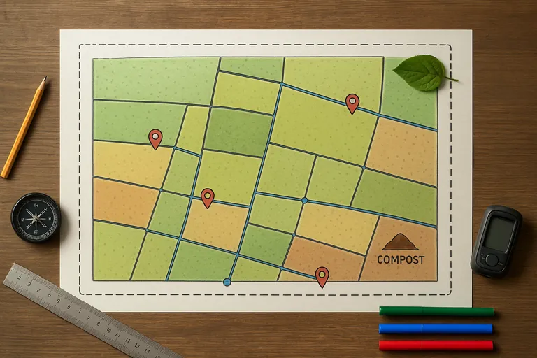 Overhead view of a color‑coded farm map on a table showing fields, buffer zones, water sources, and a compost area, with mapping tools and a GPS device around it.
