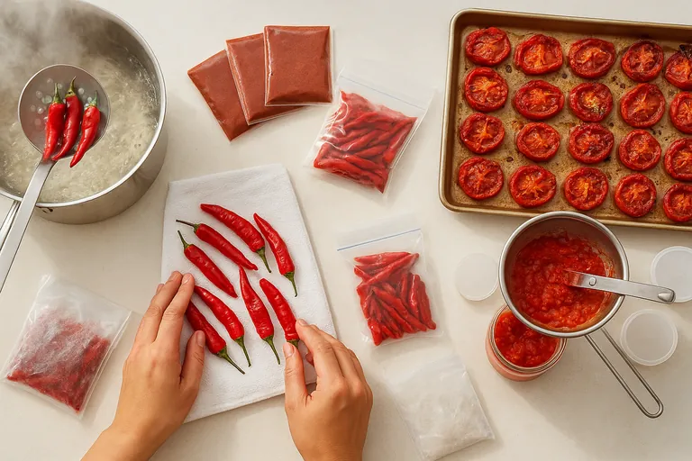 Overhead view of a kitchen setup showing chilies being blanched and packed for freezing, with roasted tomatoes being portioned into small containers for the freezer.