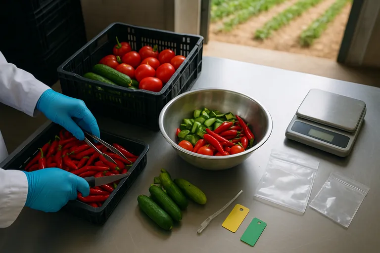 Overhead view of a packhouse sampling table where gloved hands combine pieces of chilies, cucumbers, and tomatoes into a single composite sample bag, with color-coded tags and a sealed container ready for the lab.