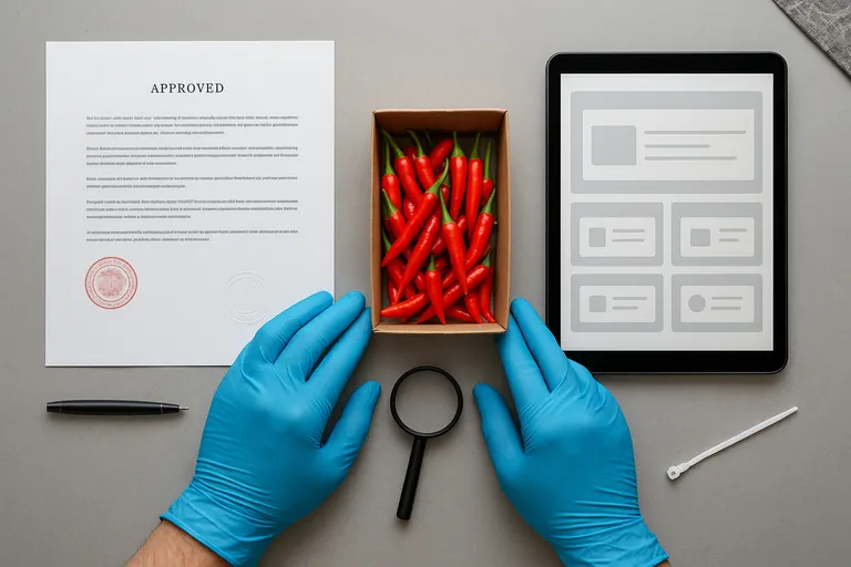 Tampilan atas sertifikat kesehatan tanaman dengan cap resmi dan tablet yang menampilkan layar entri terstruktur di samping karton cabai merah yang terbuka, menggambarkan pencocokan dokumen dan barang baris demi baris.