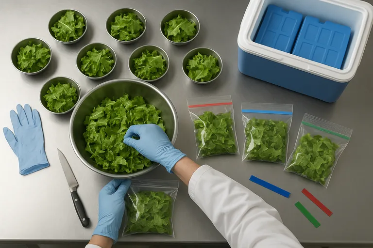 Overhead view of a practical sampling setup: ten small lettuce increments combined in a stainless bowl, then split into three equal clear bags with colored tamper-evident seals, next to an open insulated cooler with blue ice packs on a clean packhouse table.