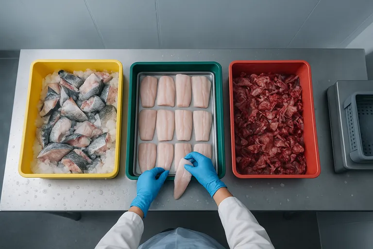 Overhead view of a seafood processing table with color-coded bins for raw fish, finished fillet portions, and trimmings, plus a floor scale—visually conveying input, output, and waste for yield reconciliation.