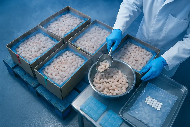 Overhead view of a technician in a cold room compositing samples from multiple shrimp cartons on a pallet, using a stainless scoop to create a representative sample.