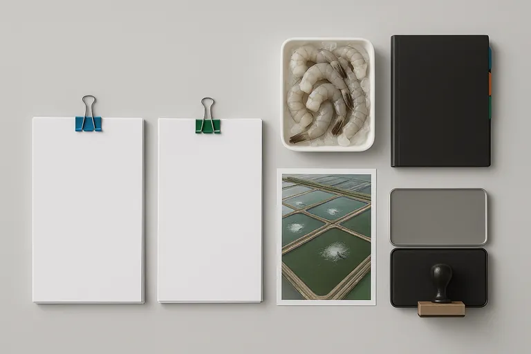Overhead view of a three-layer documentation setup: three color-coded stacks of paperwork symbolizing invoice, packing list, and farm records, alongside a shrimp sample on ice and an aerial photo of shrimp ponds