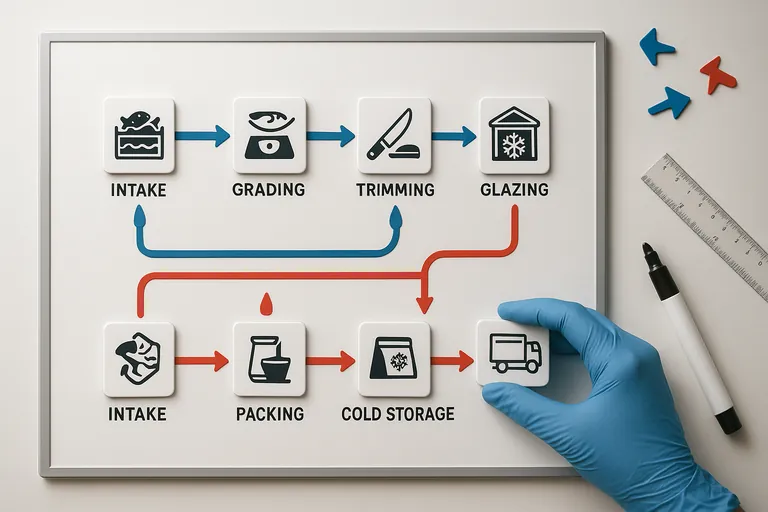 用图标和彩色箭头绘制的白板流程俯视图，显示海产品从进货经过分级、修边、上冰衣、包装、冷库到发货，蓝色和红色流合并，损失点有水滴符号
