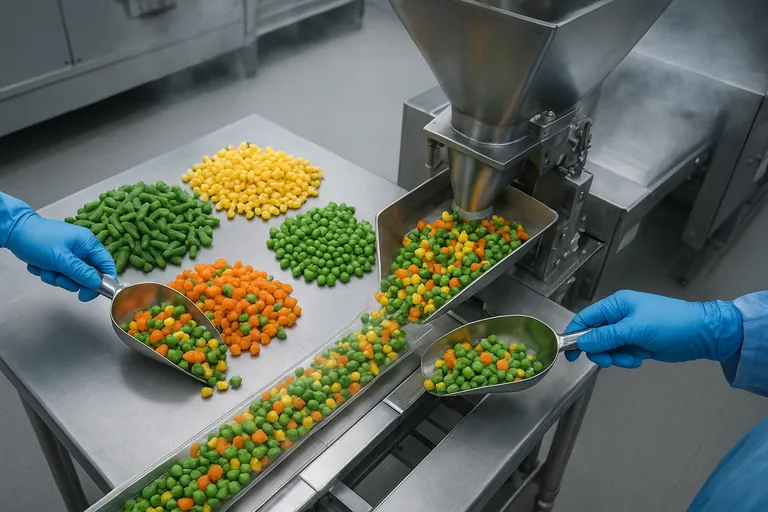 Luftaufnahme einer IQF-Linie für tiefgefrorenes Mischgemüse: behandschuhte Hände portionieren gewürfelte Karotten, grüne Bohnen, Zuckermais und Erbsen in einen Trichter, mit klaren Beuteln, die auf einem Förderband in einem kalten, rostfreien Edelstahl-Verarbeitungsraum laufen.