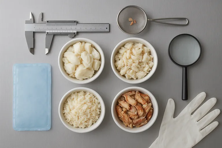 Overhead view of four bowls showing different crab meat grades—large white lumps, smaller broken pieces, fine flakes, and darker claw meat—with QC tools on a stainless surface.